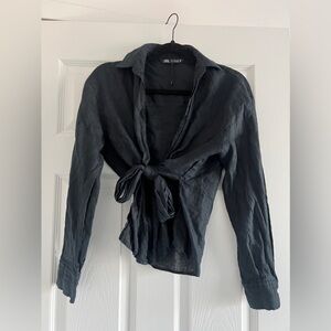 Zara linen navy tie up blouse